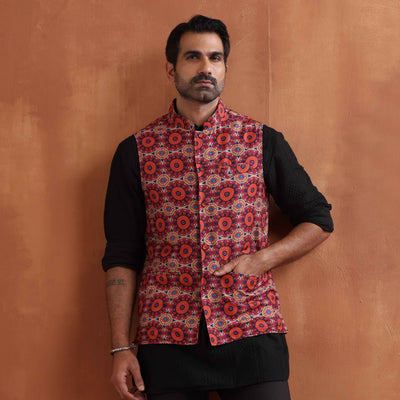 trueBrowns Men's Beige Printed Nehru Jacket