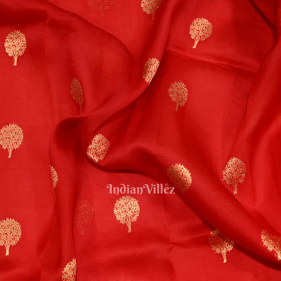 Pure Red Kora Banarasi Tissue Saree With Floral Handwork