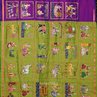 Green Purple Radha Krishna Village Theme Pattachitra Saree
