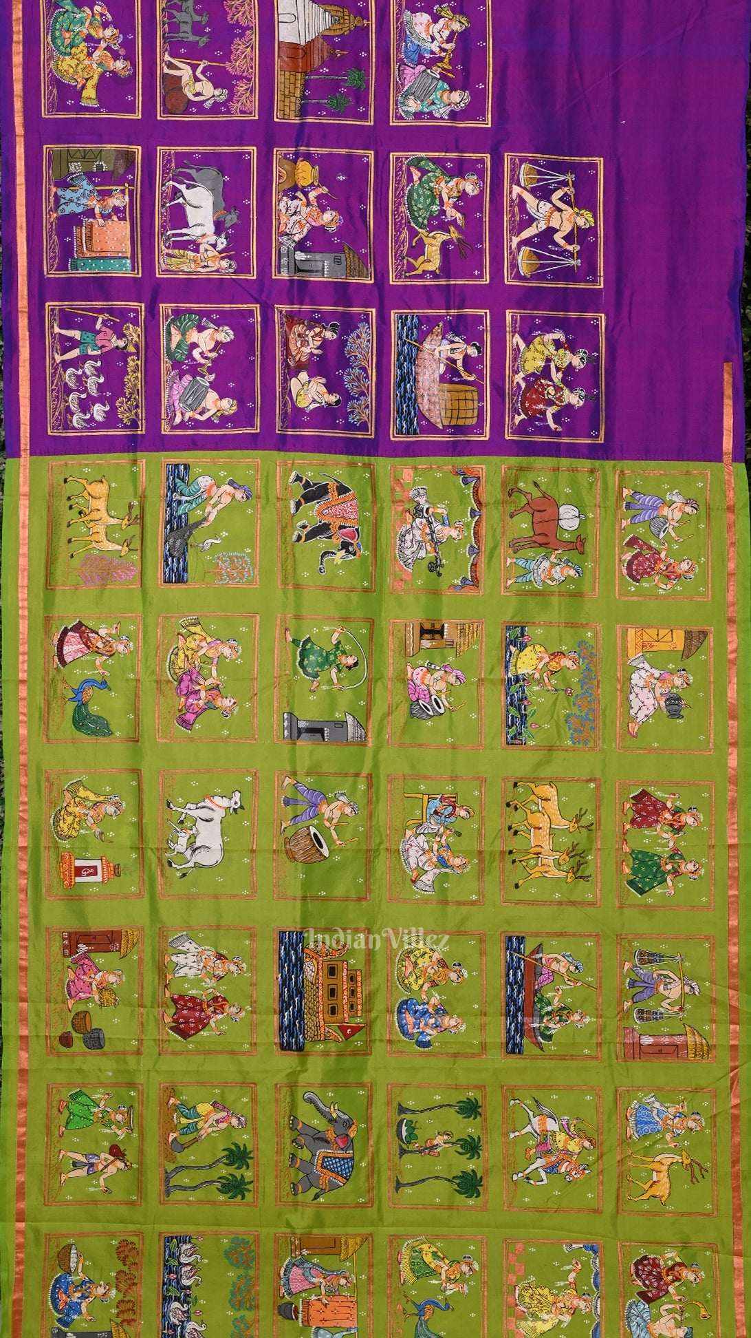 Green Purple Radha Krishna Village Theme Pattachitra Saree