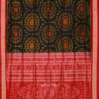 Deep Black Red Tribal Theme Sambalpuri Silk saree