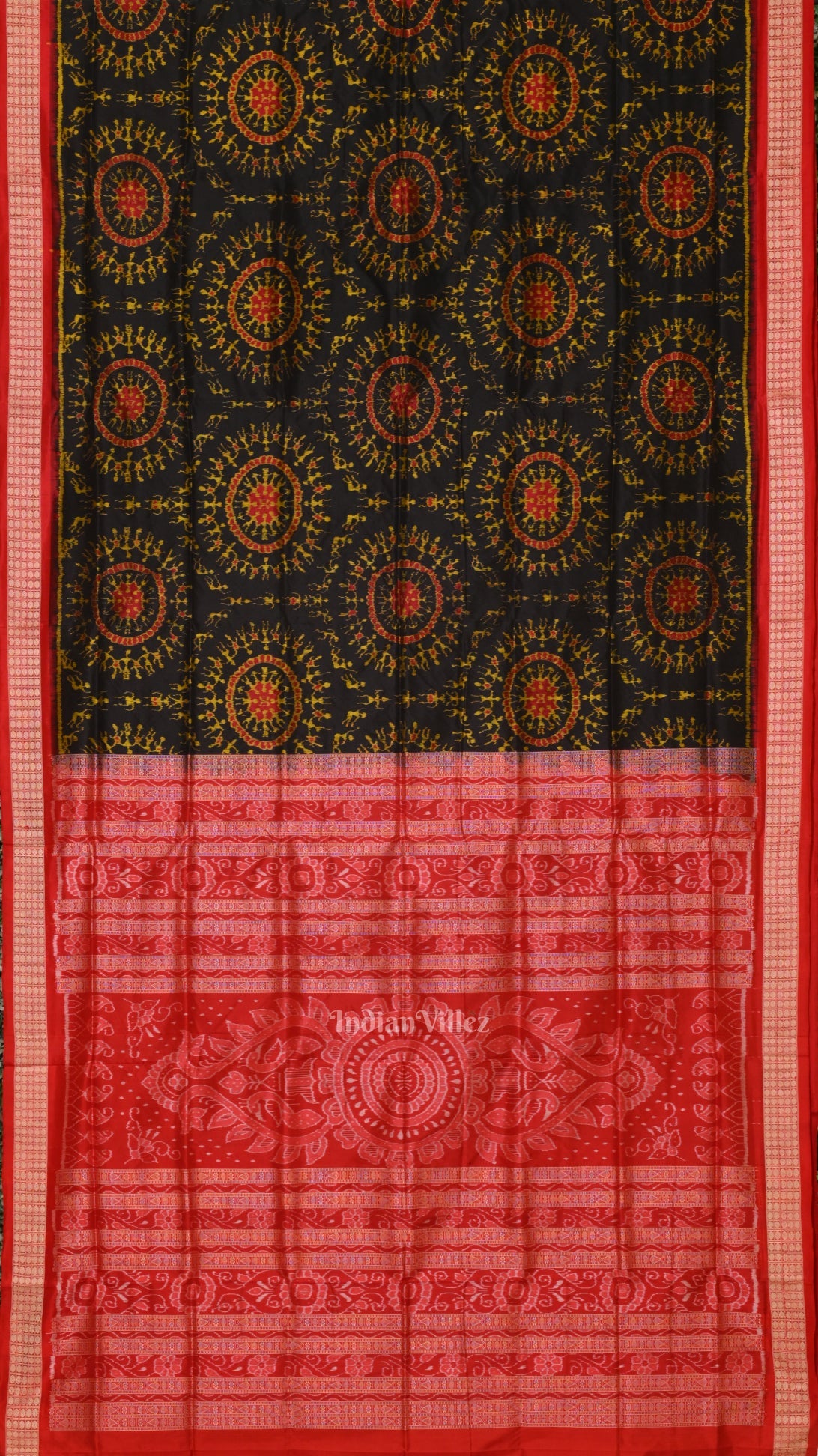 Deep Black Red Tribal Theme Sambalpuri Silk saree
