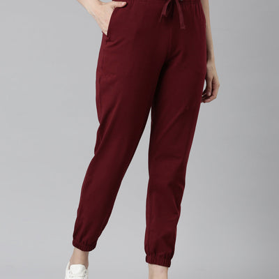 Women Solid Maroon Mid Rise Casual Joggers