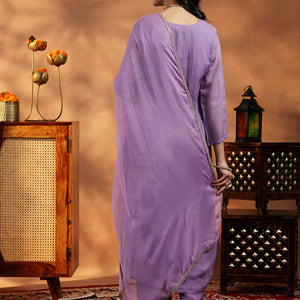 Lavender Embroidered Organza Straight Suit With Dupatta