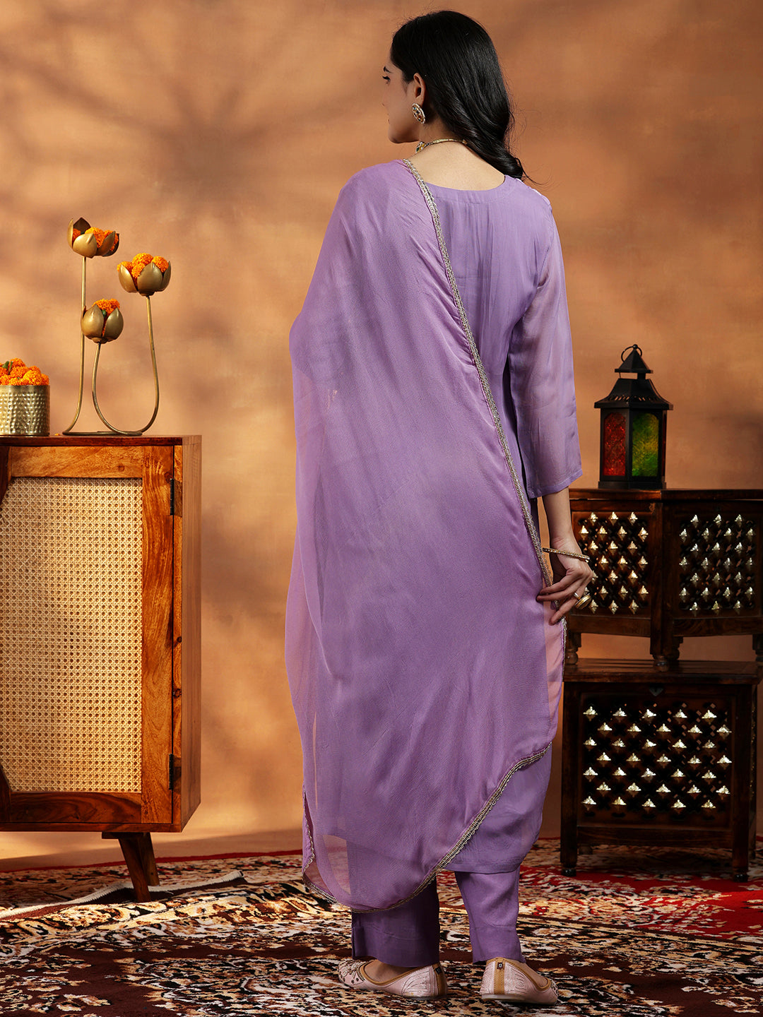 Lavender Embroidered Organza Straight Suit With Dupatta