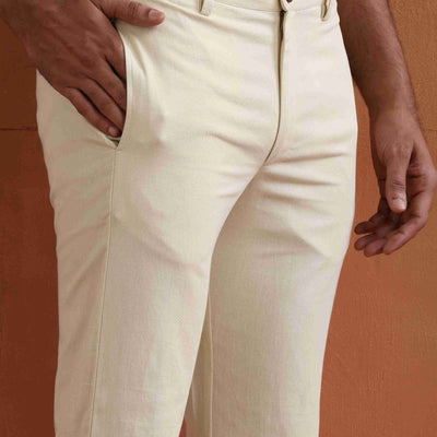 trueBrowns Men's Off White Cotton Twill Pants