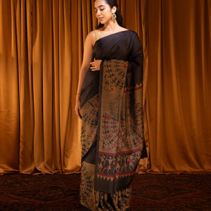 Black Handloom Soft Silk Saree With Tribal Motifs-Black