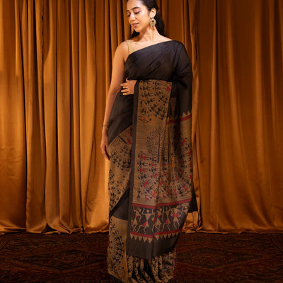 Black Handloom Soft Silk Saree With Tribal Motifs-Black
