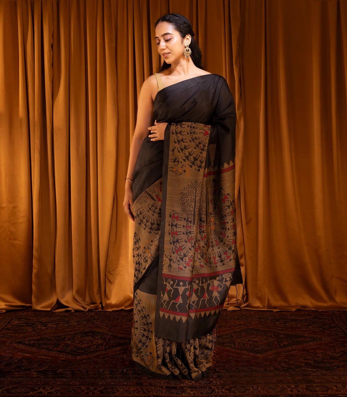 Black Handloom Soft Silk Saree With Tribal Motifs-Black