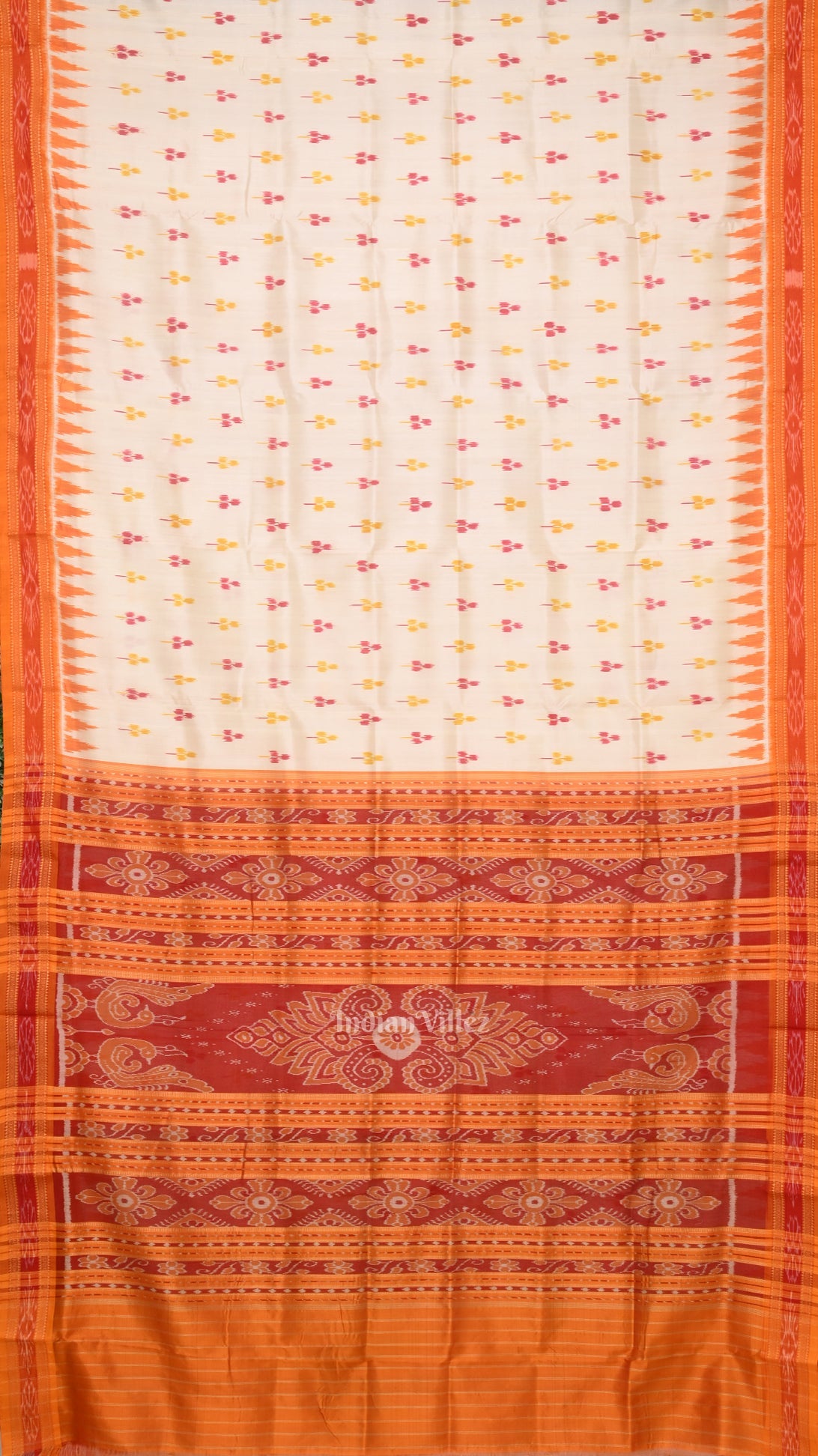 White Orange Yellow Odisha Ikat Khandua Silk Saree