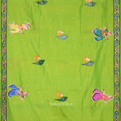 Green Pink Radha Krishna Hand-Painted Pattachitra Saree