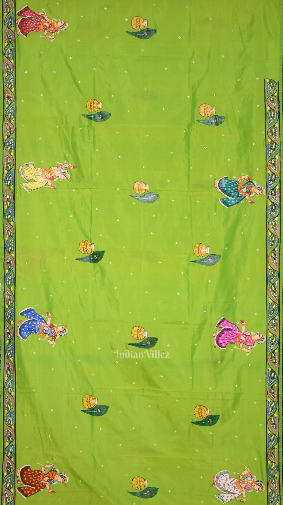 Green Pink Radha Krishna Hand-Painted Pattachitra Saree