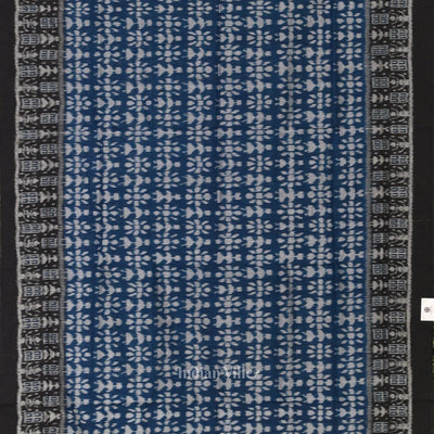 Ink Blue Black Tribal Theme Sambalpuri Pure Cotton Saree