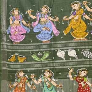 Green Nartaki Theme Hand-Painted Pattachitra Saree(PRE ORDER)