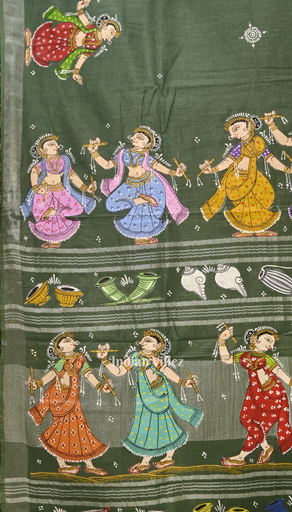 Green Nartaki Theme Hand-Painted Pattachitra Saree(PRE ORDER)