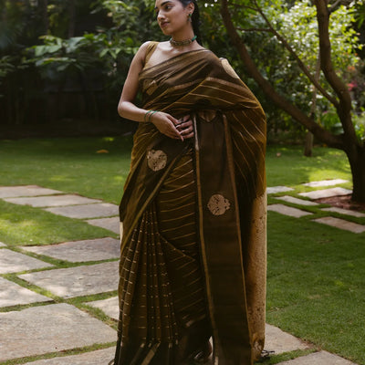 Dark Olive Handloom Silk Cotton Saree With Veldari stripes