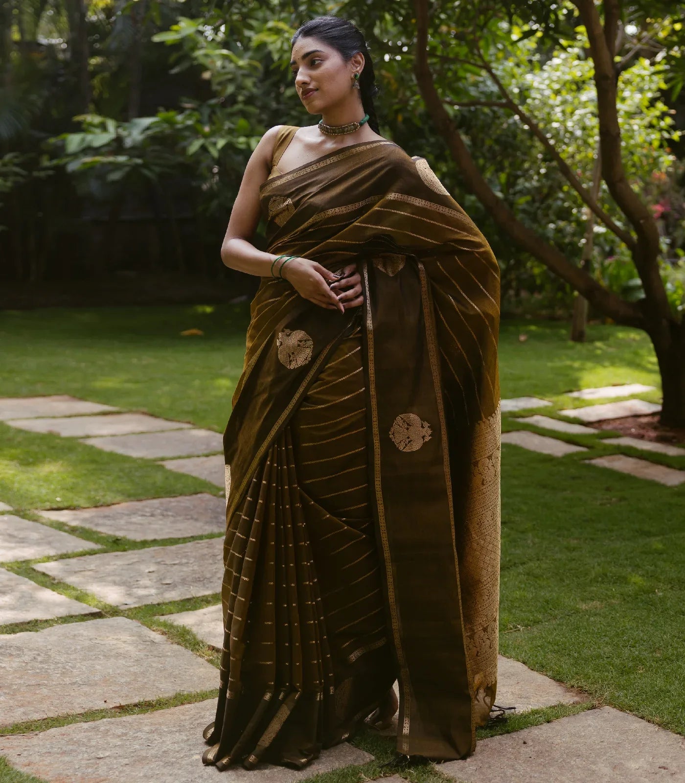 Dark Olive Handloom Silk Cotton Saree With Veldari stripes