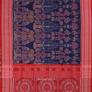 Navy Blue Red Animal Theme Sambalpuri Ikat Cotton Saree