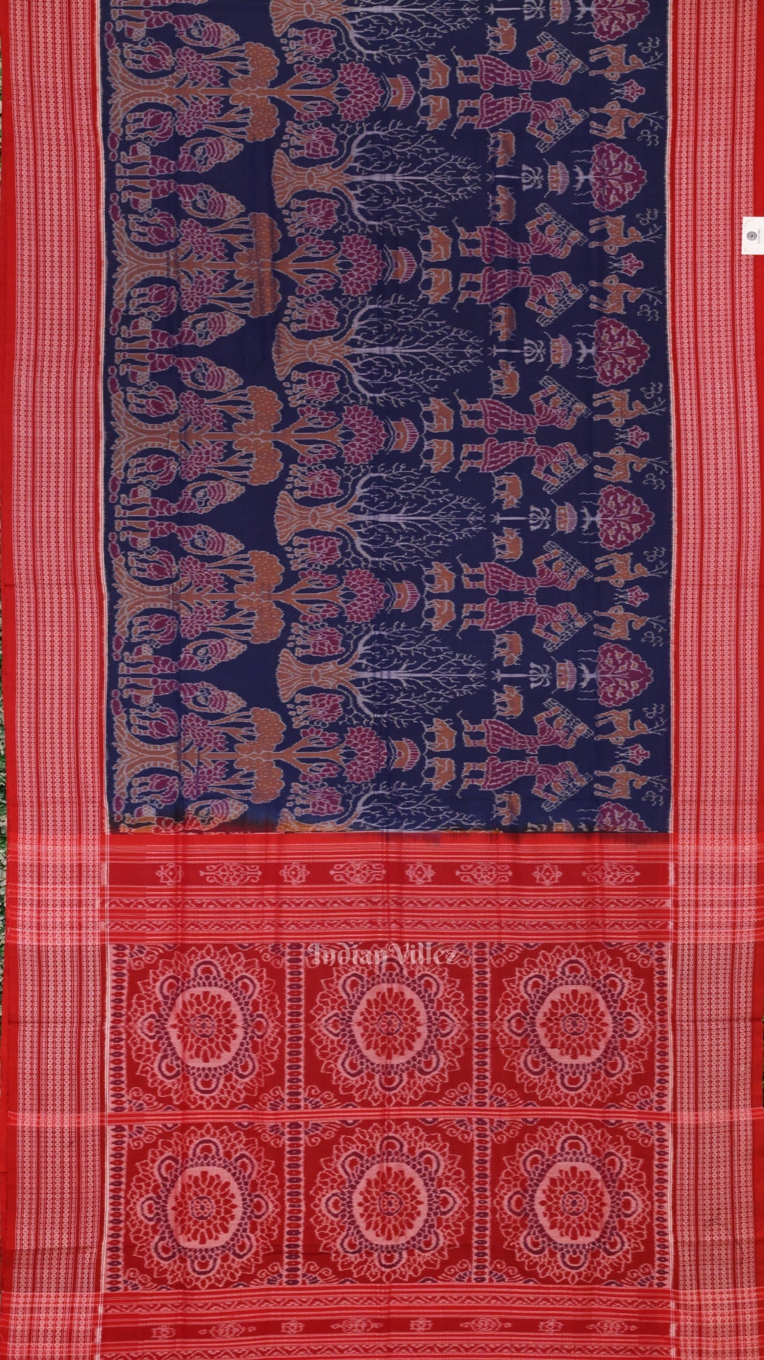 Navy Blue Red Animal Theme Sambalpuri Ikat Cotton Saree