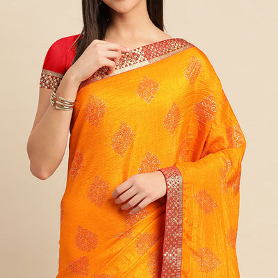 Light Orange Floral Foil Printed Vichitra Silk Saree