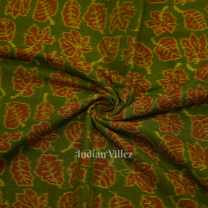 Green Autumn Leaves Motif Sambalpuri Ikat Cotton Fabric