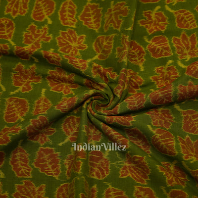 Green Autumn Leaves Motif Sambalpuri Ikat Cotton Fabric
