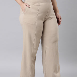 Women Solid Beige Ponte Wide Leg Pants