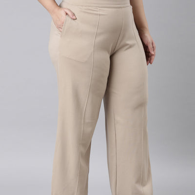 Women Solid Beige Ponte Wide Leg Pants