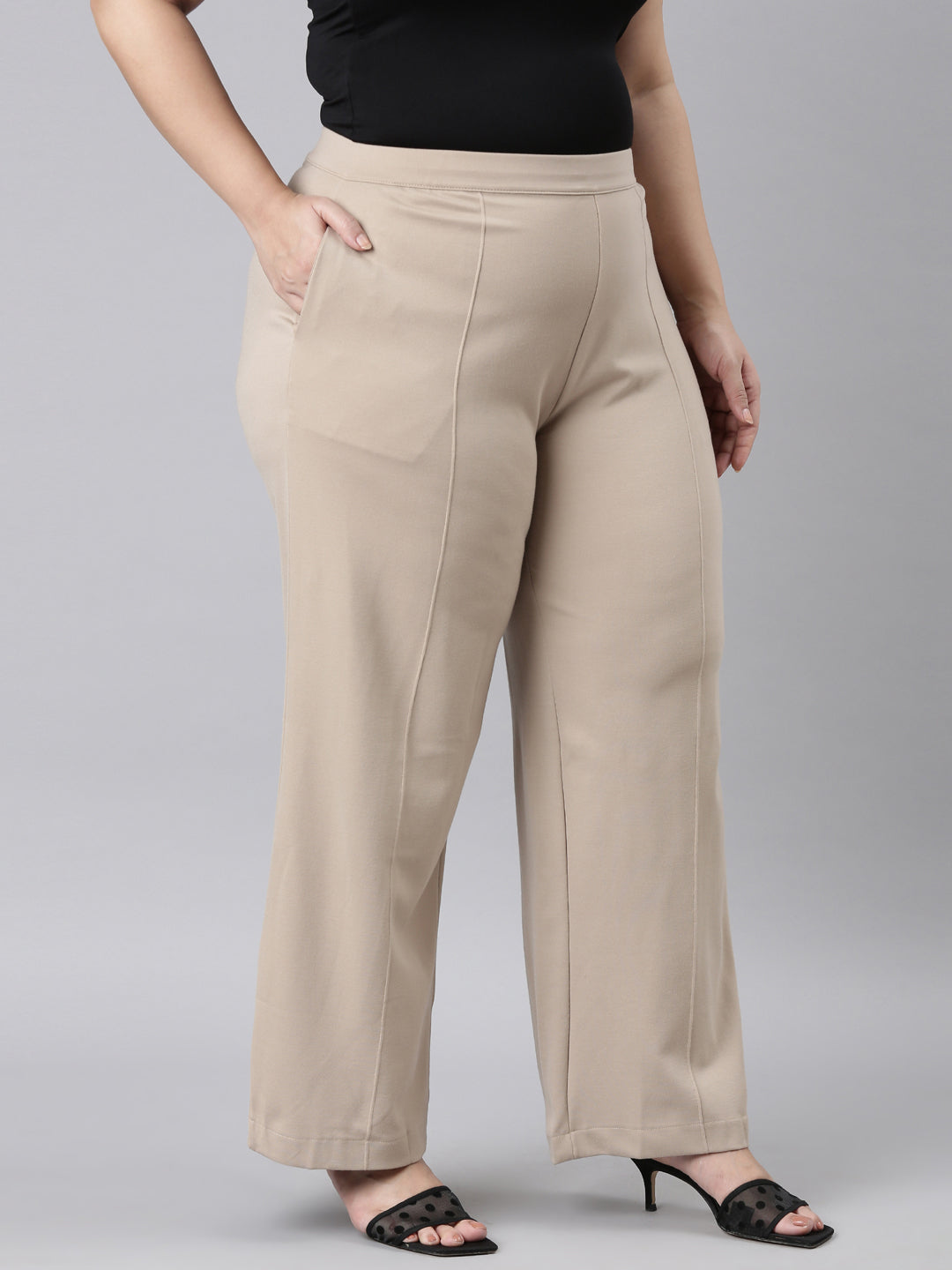 Women Solid Beige Ponte Wide Leg Pants