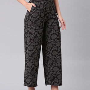 Women Black Woven Viscose Mid Rise Printed Palazzo