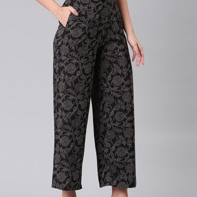 Women Black Woven Viscose Mid Rise Printed Palazzo