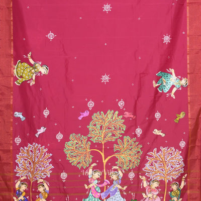 Magenta Pink Nartaki Theme Hand- Painted Pattachitra Saree