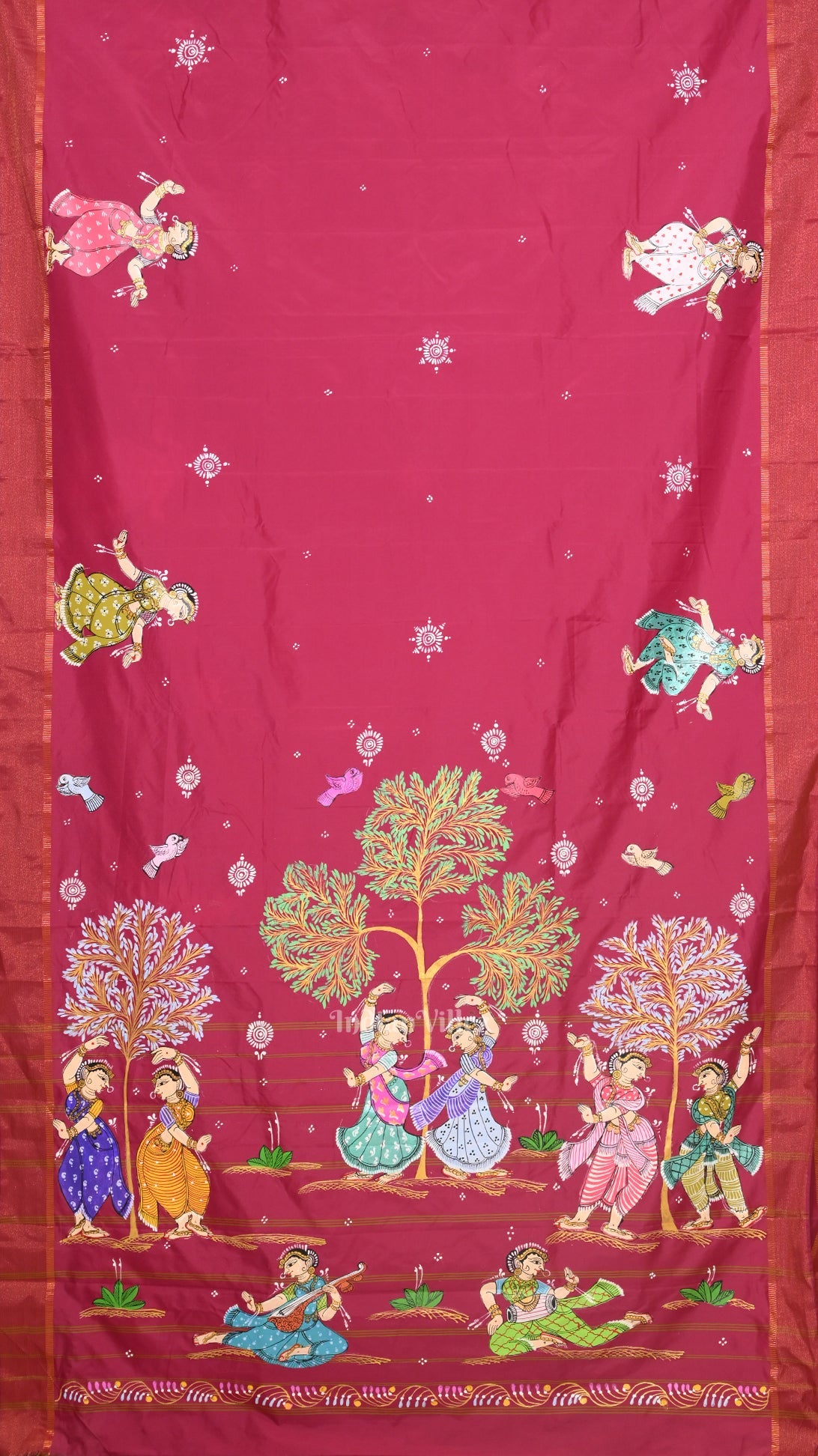 Magenta Pink Nartaki Theme Hand- Painted Pattachitra Saree