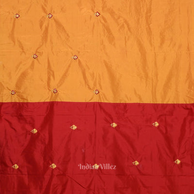 Yellow Red Floral Motif Pure Silk Hand Embroidered Saree