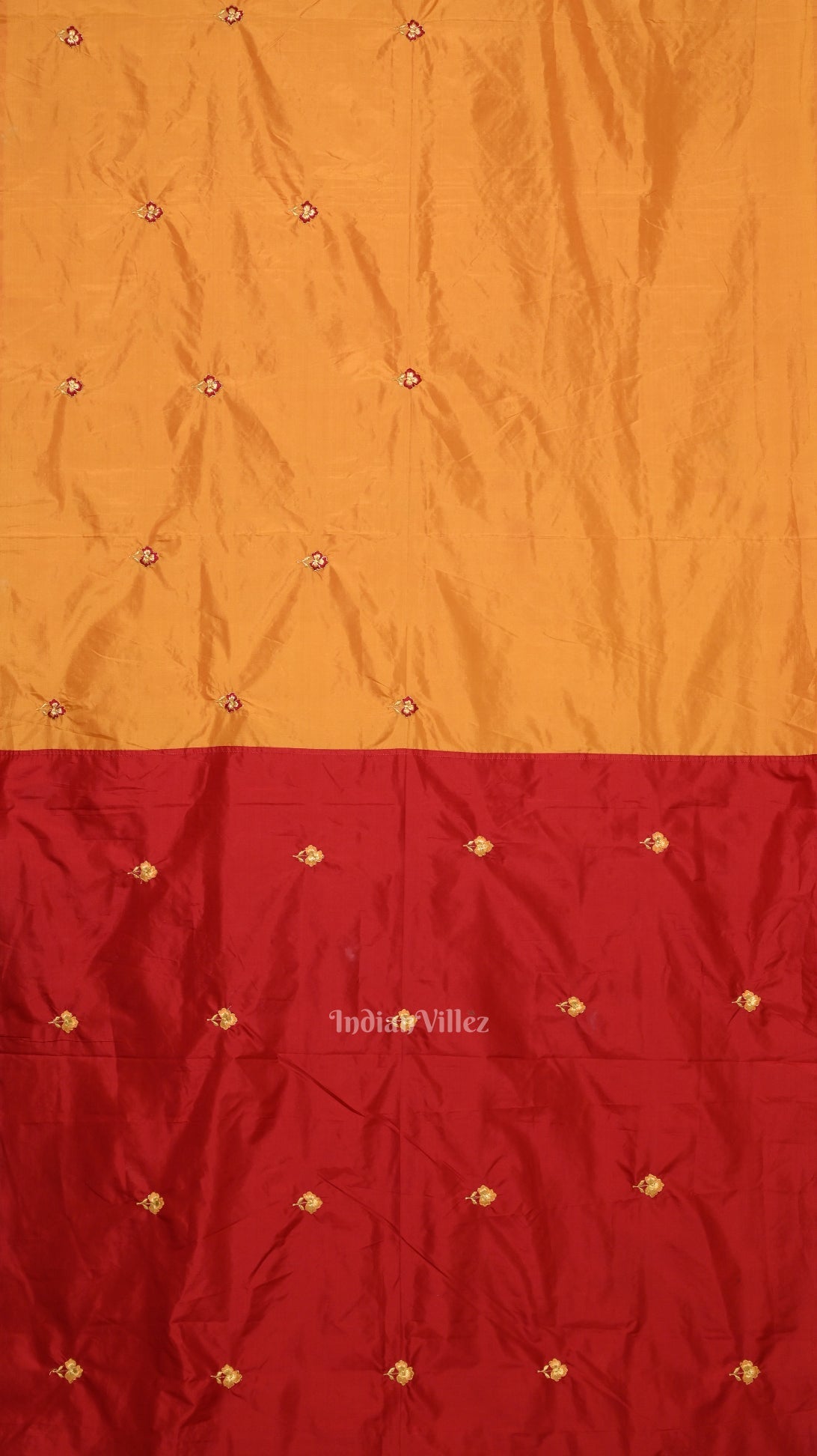 Yellow Red Floral Motif Pure Silk Hand Embroidered Saree