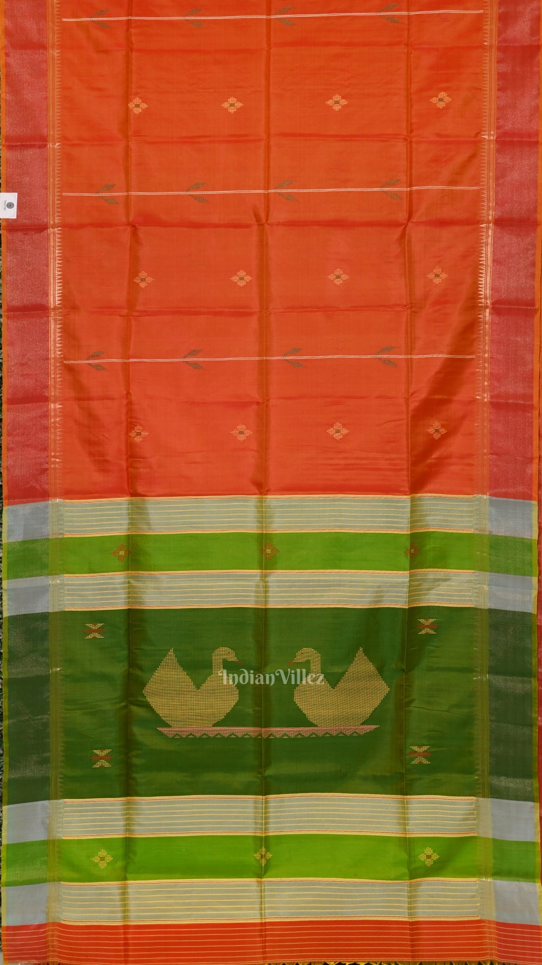 Orange Green Pure Bishnupuri Silk Saree
