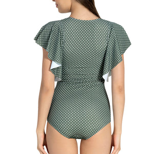 Ruffle Sleeve One Piece Swimwear - Olive-Polka-Pr