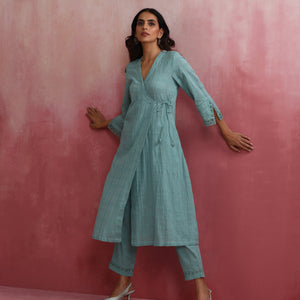 trueBrowns Aqua Blue Cotton Dobby Angrakha Kurta Set