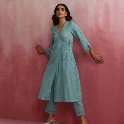 trueBrowns Aqua Blue Cotton Dobby Angrakha Kurta Set