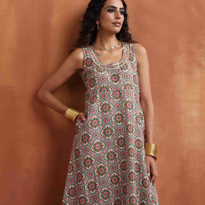 trueBrowns Off White Print Flared Anarkali Kurta Set