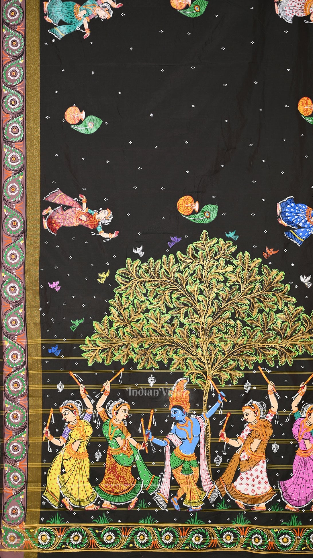 Black Dual Tone Radha Krishna Hand-Painted Pattachitra Saree