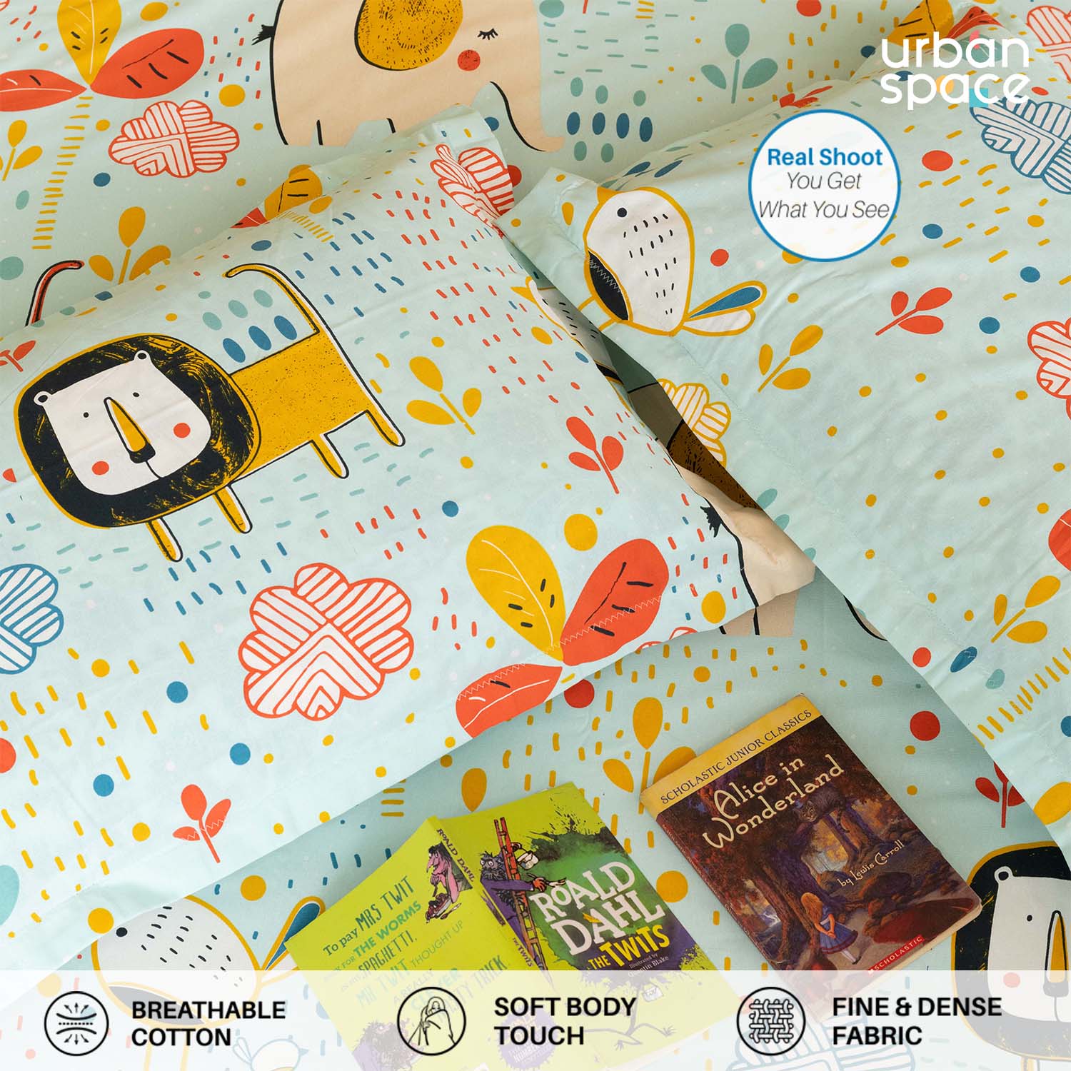 Serene 200 TC 100% Cotton Single Bedsheet with Pillow Covers - Lion King Sky Blue