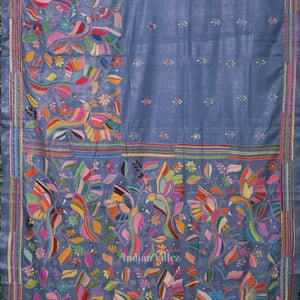 Light Blue Handwoven Kantha Stitch Silk Saree