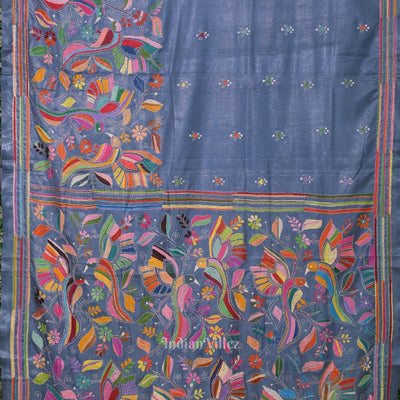 Light Blue Handwoven Kantha Stitch Silk Saree