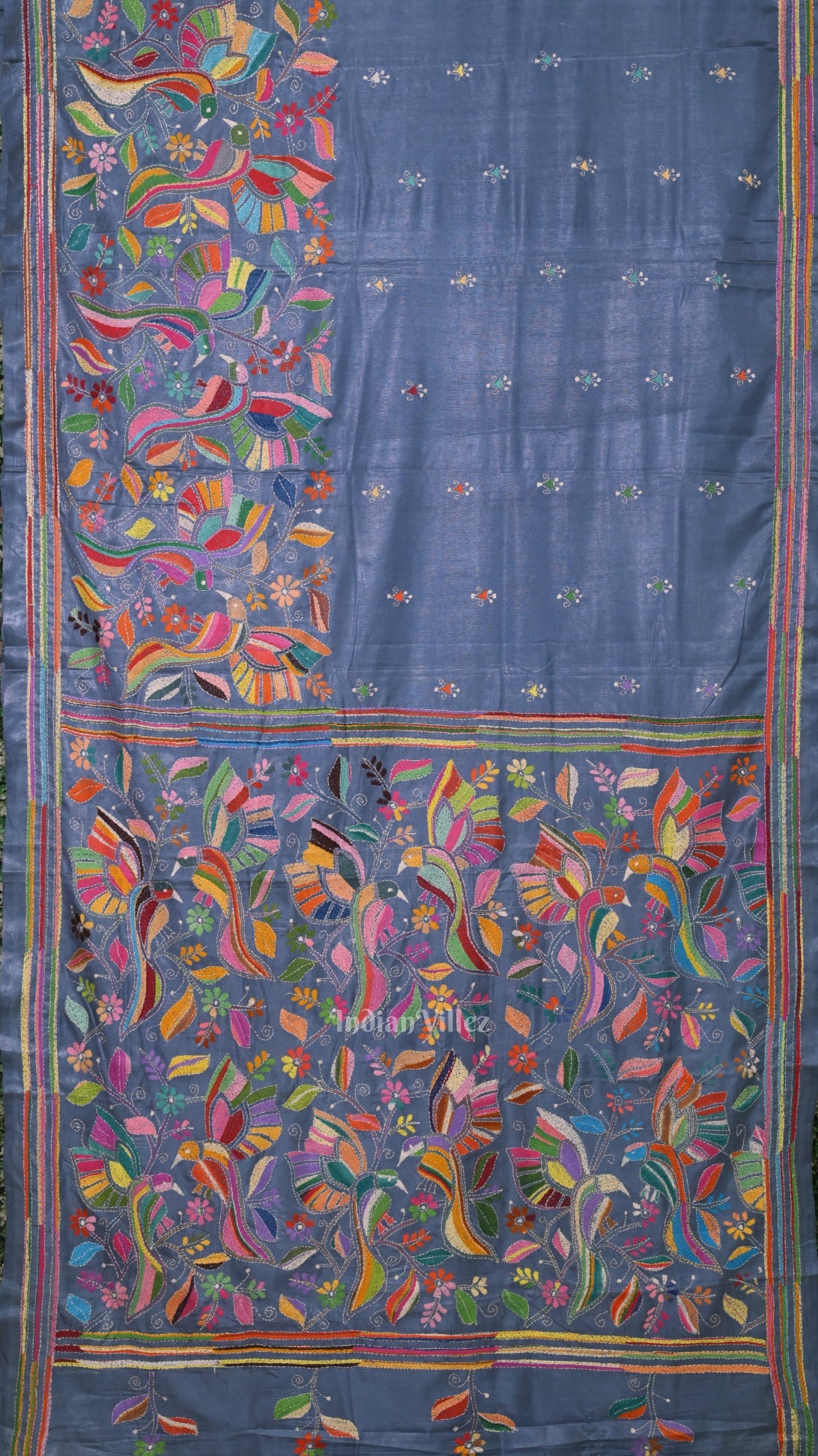 Light Blue Handwoven Kantha Stitch Silk Saree