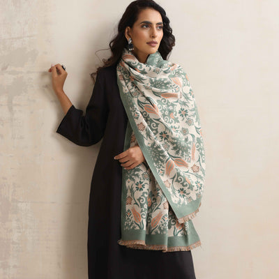 trueBrowns Green Floral Reversible Woollen Stole