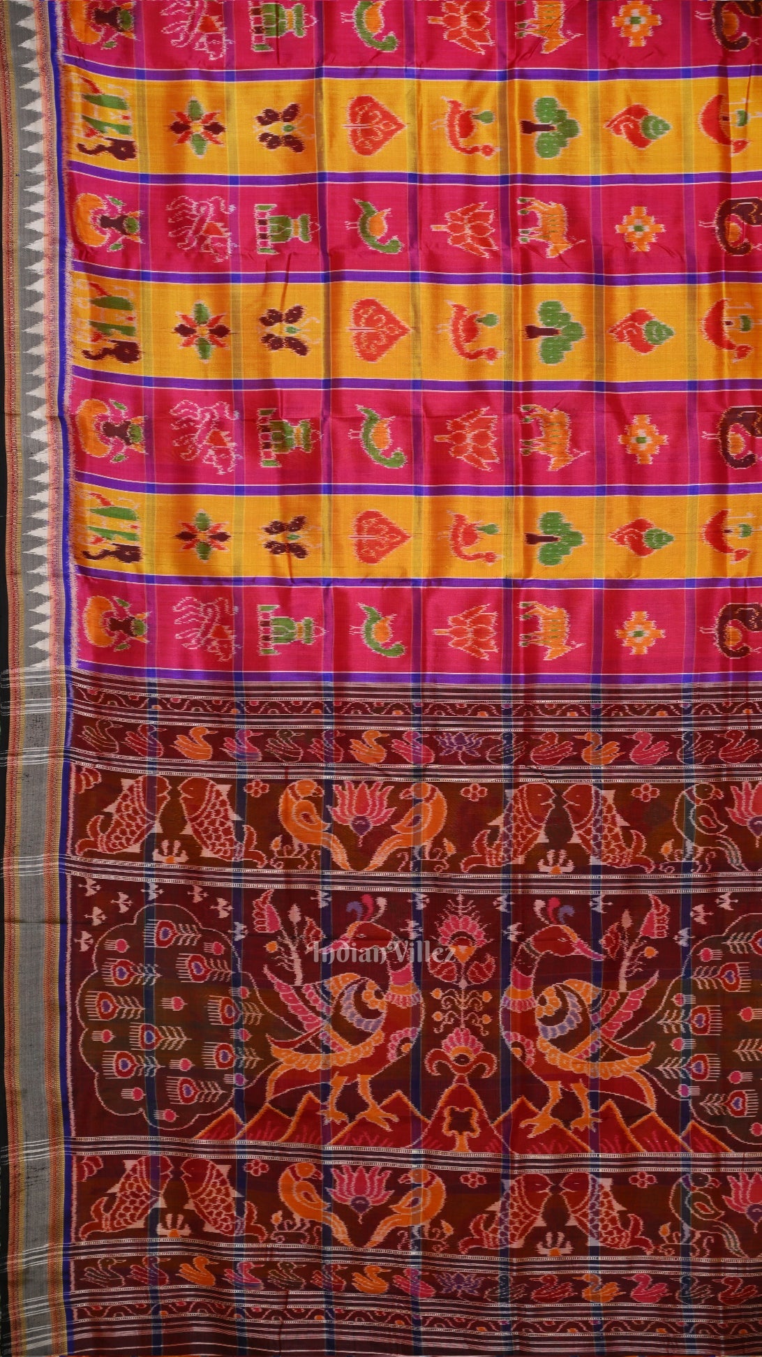 Pink Yellow Nabakothi Odisha Ikat Khandua Silk Saree