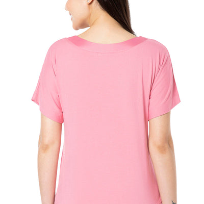 Satin Edge Half Sleeve Round Neck Sleep Top - Cashmere Rose
