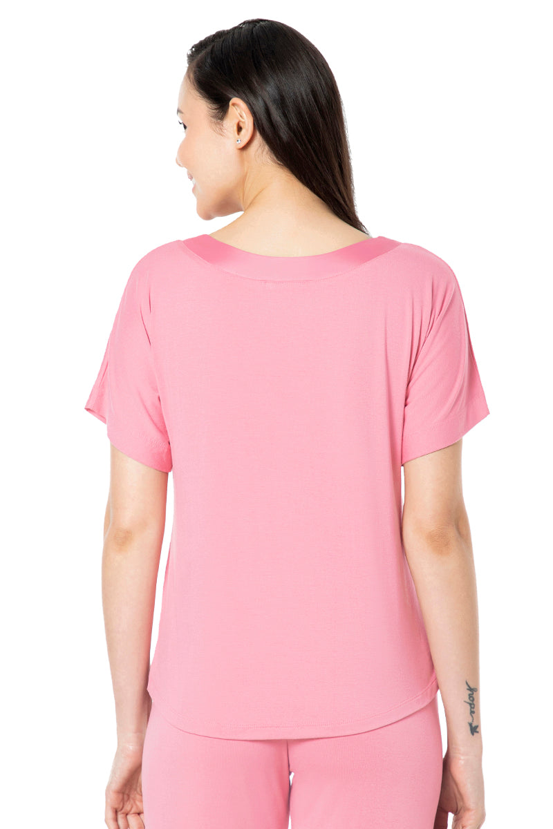 Satin Edge Half Sleeve Round Neck Sleep Top - Cashmere Rose