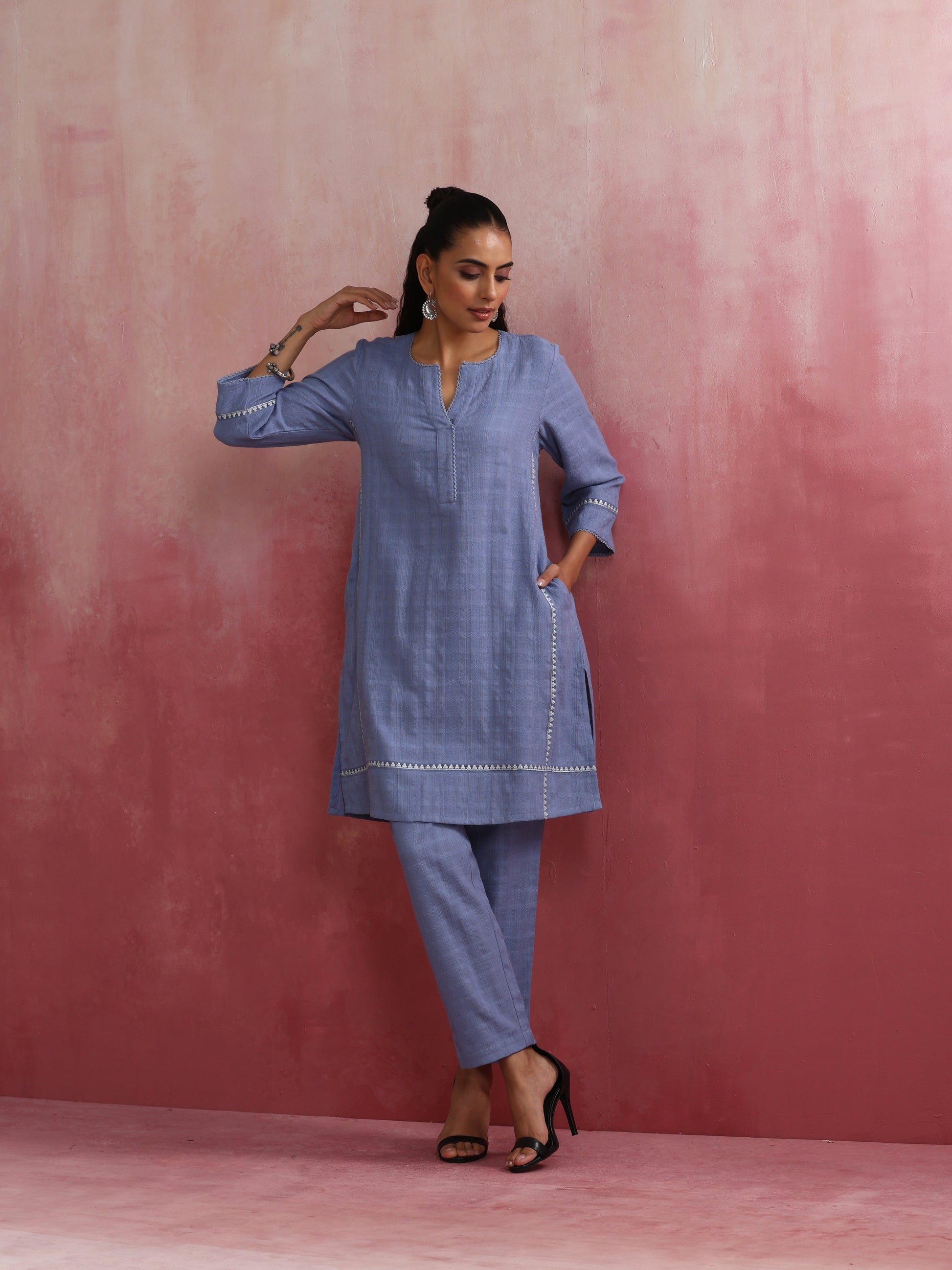 trueBrowns Sky Blue Cotton Kurta Co-ord set